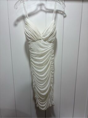 white crinkle texture ruched cowl neck midi dress Thien Cowl Halter Midi Dress / Ivory | MESHKI